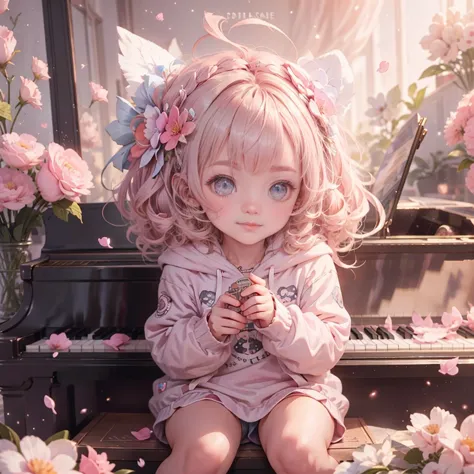 Cute Baby 3D，Baby pink hair，Cute eyes，Adorable smile，Esbian all over、Pure、Lolita hoodie fashion，Pure，Grand piano，Rosy Cheeks，de ...