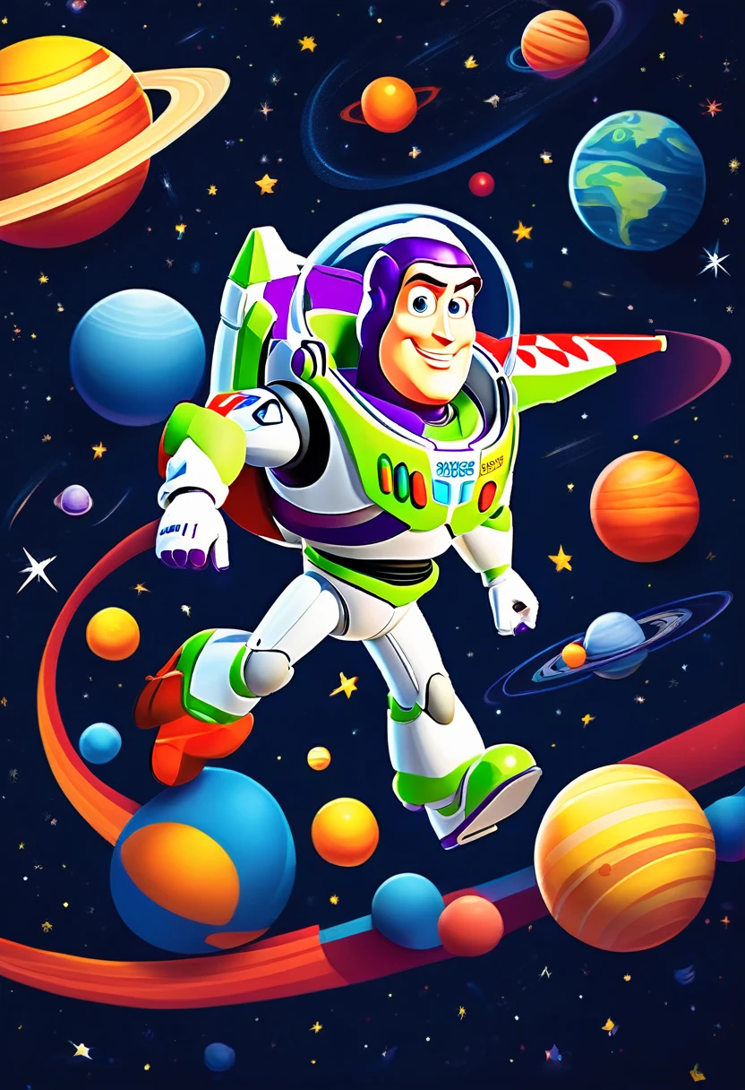 Vector illustration:vector illustration,toy story,Buzz Lightyear traveling through space,POP outer space background,rocket,stars and planets,cartoon,Highest quality,masterpiece, Adobe Illustrator,draw with thick lines,,cute,pop,,Cast colorful spells,Nice background image,masterpiece,最高masterpiece,Light and shadow,Draw carefully,,Bright colors,Fantasy,Fancy,rendering,Magical Elements,BREAK,Buzz Lightyear,Anatomically correct,Very detailed,Incredibly absurd