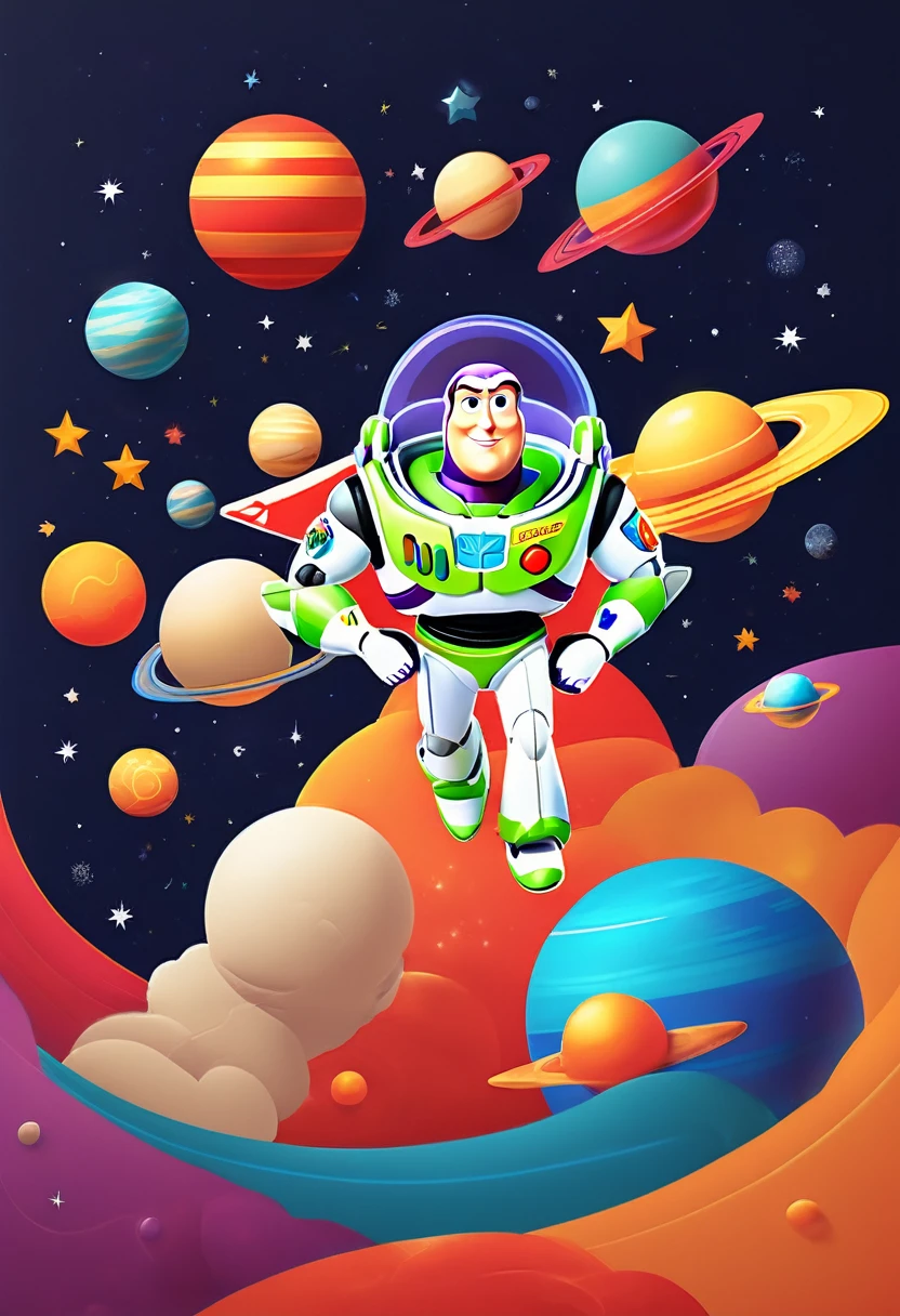 Vector illustration:vector illustration,toy story,Buzz Lightyear traveling through space,POP outer space background,rocket,stars and planets,cartoon,Highest quality,masterpiece, Adobe Illustrator,draw with thick lines,,cute,pop,,Cast colorful spells,Nice background image,masterpiece,最高masterpiece,Light and shadow,Draw carefully,,Bright colors,Fantasy,Fancy,rendering,Magical Elements,BREAK,Buzz Lightyear,Anatomically correct,Very detailed,Incredibly absurd