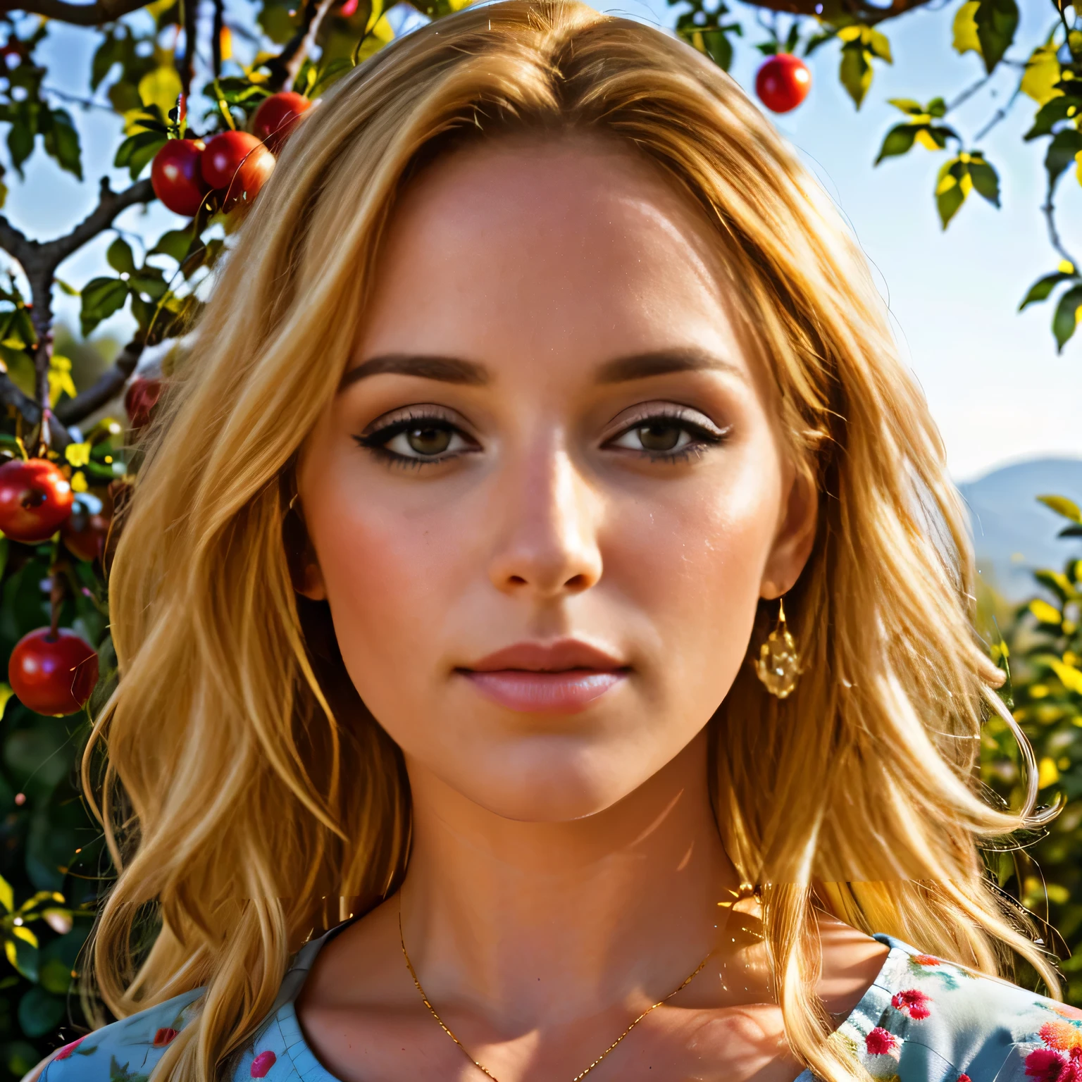 Beaux yeux détaillés, belles lèvres détaillées, yeux et visage extrêmement détaillés, long cils, 1fille, cheveux blond, Cheveux dorés, secouer les arbres fruitiers dans le jardin, fruits mûrs, ensoleillé, photoRéaliste, 8k, hyperdétaillé, chef-d&#39;œuvre, (Meilleure qualité,4k,8k,haute résolution,chef-d&#39;œuvre:1.2),ultra-détaillé,(Réaliste,photoRéaliste,photo-Réaliste:1.37),couleurs vives,éclairage naturel,illustration,peinture numérique