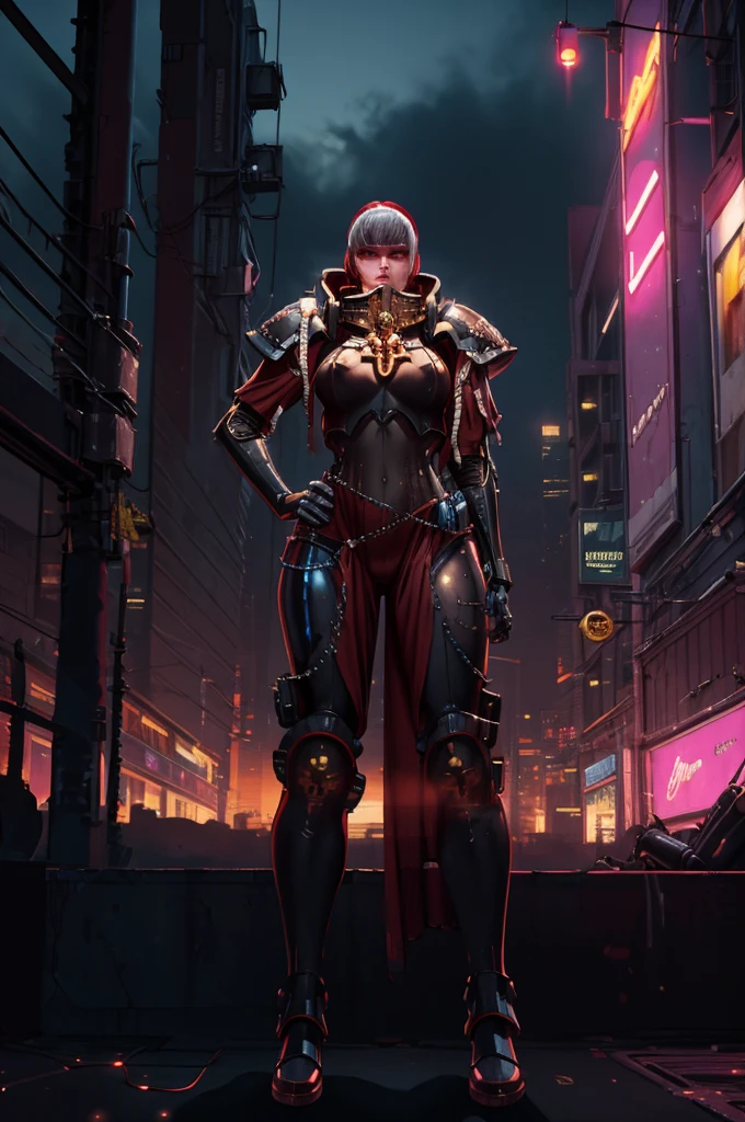 A person wearing a sleek silver jumpsuit embedded with light-up circuitry, standing confidently with her hands on her hips in front of a cyberpunk cityscape, neon signs flickering, holograms floating by, dusk sky overhead, urban and high-tech, digital painting, ultra clear, 8k, cinematic. (adepta sororitas) , (whsororitas) #(warhammer 40,000) #(sister of battle)
