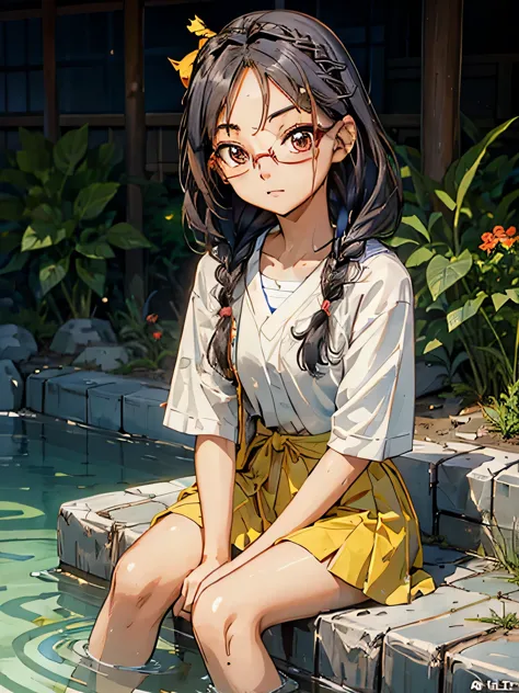 ((( character : teenager : Tzuyu : nerd : fit body : braided hair : glasses :  : sitting  ))) a super model soaking in a hot spr...