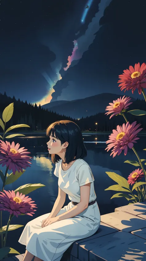 starry sky, milky way, flower garden, light, butterfly, girl sitting, lake, shadow, girl, colorful, iridescent, watercolor, chee...