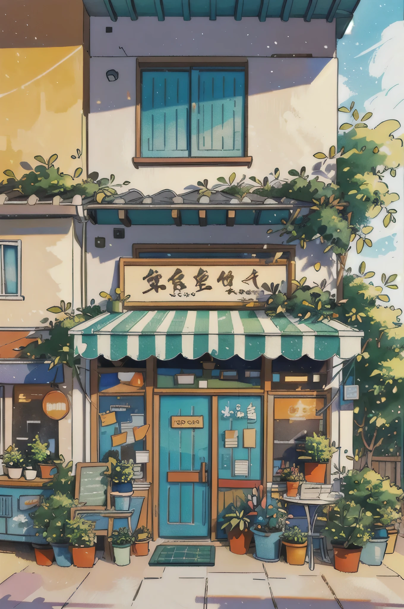 JZCG021,book  store,coffee spot,tables,chairs,no one,windows,flowers,plants,potted plants,watercolor , colorful , vibrant colors(medium),landscapes,doors,air conditioning,paintings (medium),traditional media,houses,outdoors,balconies,architecture,masterpiece,best quality,high quality,Botanical,, masterpiece,best quality,high quality, 