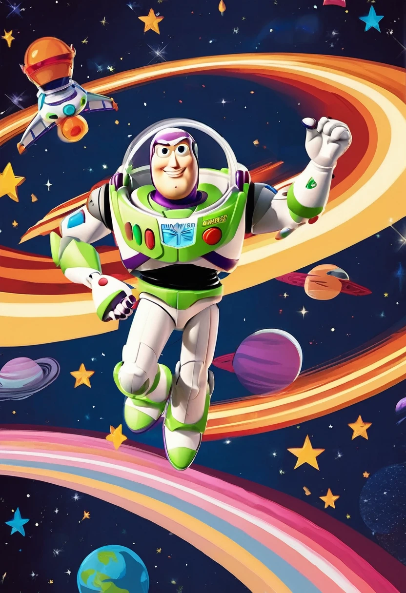 Vector illustration:vector illustration,toy story,Buzz Lightyear traveling through space,POP outer space background,rocket,stars and planets,cartoon,Highest quality,masterpiece, Adobe Illustrator,draw with thick lines,,cute,pop,,Cast colorful spells,Nice background image,masterpiece,最高masterpiece,Light and shadow,Draw carefully,,Bright colors,Fantasy,Fancy,rendering,Magical Elements,BREAK,Buzz Lightyear,Anatomically correct,Very detailed,Incredibly absurd