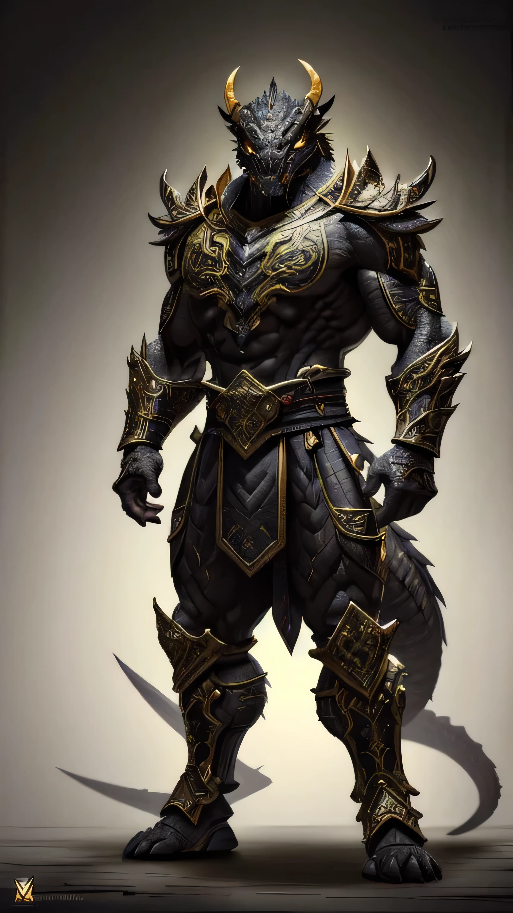 Onaga from Mortal Kombat, dark gray dragonborn, massive muscular physique, horns, tail, glowing yellow eyes, royal ornate armor, intricate motifs, 1man, solo, full body view, front view, looking at viewer, intricate, high detail, sharp focus, dramatic, photorealistic painting art by greg rutkowski