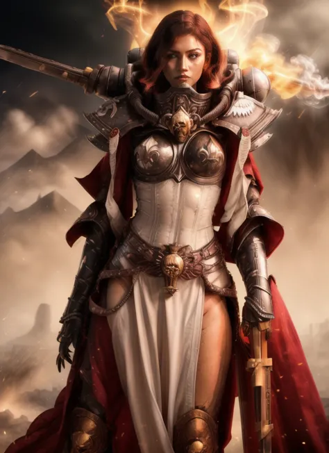 high quality photo of standing whsororitas with sword in hands whsororitas, znd long wavy hair long curly hair, flaming city rui...