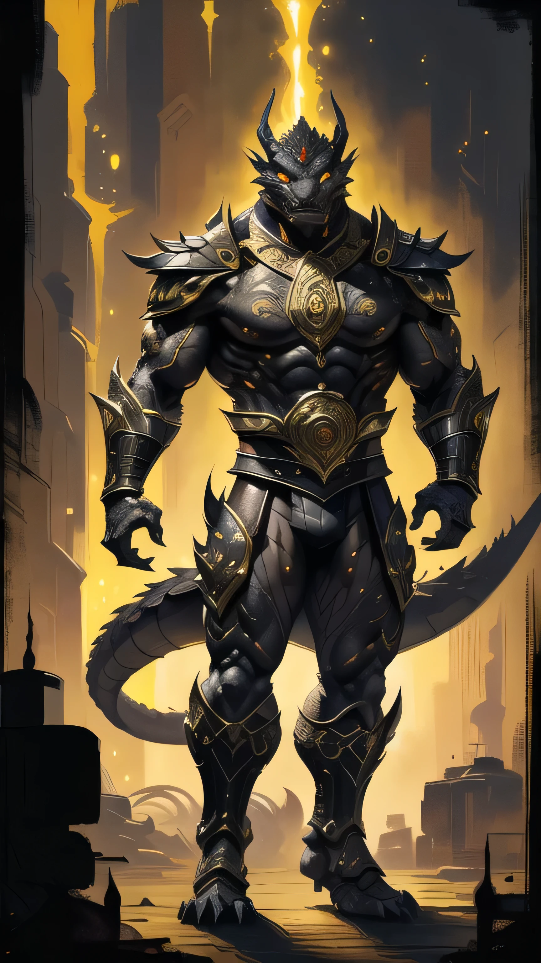 Onaga from Mortal Kombat, dark gray dragonborn, massive muscular physique, horns, tail, glowing yellow eyes, royal ornate armor, intricate motifs, 1man, solo, full body view, front view, looking at viewer, intricate, high detail, sharp focus, dramatic, photorealistic painting art by greg rutkowski