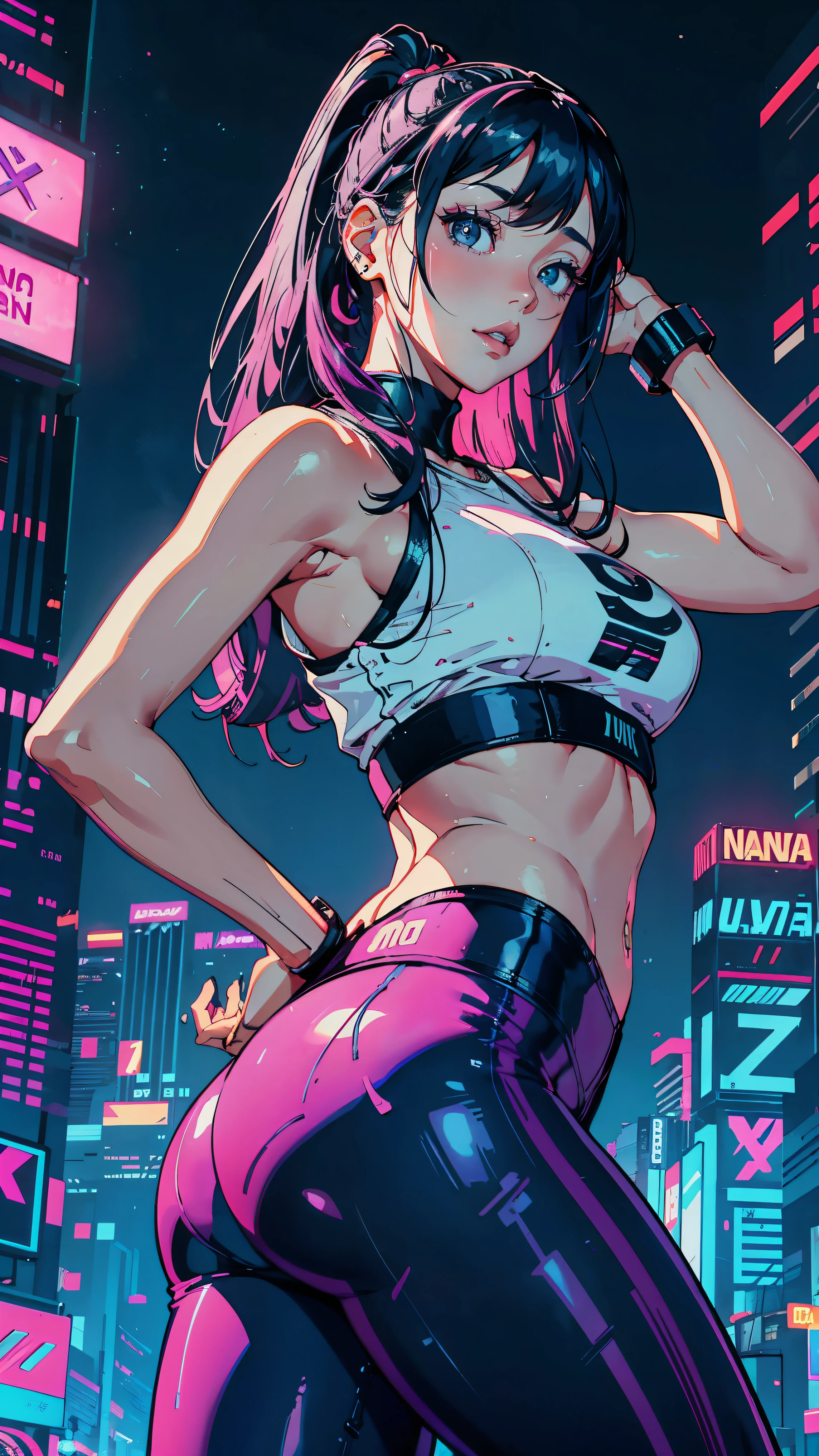 (Hinata Hyuga, Very sensual, In tight clothes, Big Ass, Thick legs, trainer, Leggings pants, Navel comes out, Long Hair, Rear speakers, Very realistic, View of the Cyberpunk City, Clearly defined lines, Neon Lights Very Sexy, 8k, 8k Very detailed), (Very delicate and beautiful), (masterpiece), (Better Quality: 1.0), (Ultra-high resolution:1.0), ((Synthwave Background Theme)), whole body