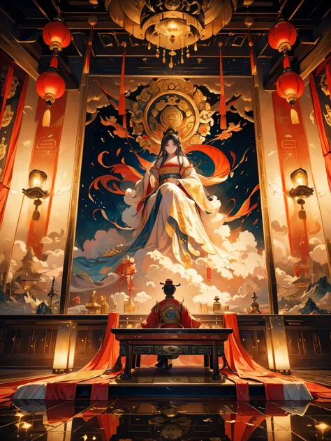 a magnificent ancient chinese imperial palace floating above the clouds, the emperor sitting on a grand throne in the main hall,...