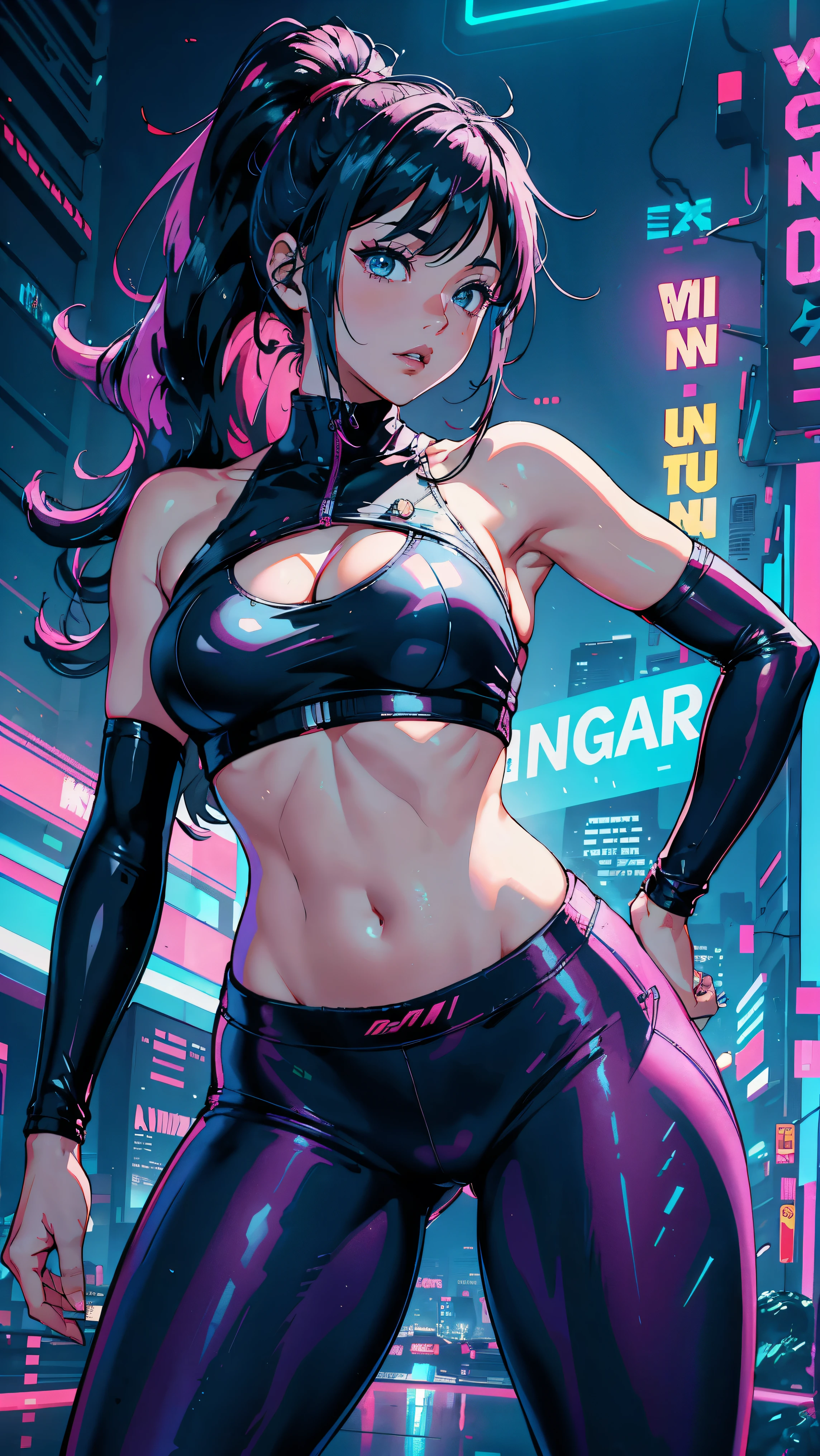 (Hinata Hyuga, whole body, Very sensual, In tight clothes, Big Ass, Thick legs, trainer, Leggings pants, Navel comes out, Long Hair, Rear speakers, Very realistic, View of the Cyberpunk City, Clearly defined lines, Neon Lights Very Sexy, 8k, 8k Very detailed), (Very delicate and beautiful), (masterpiece), (Better Quality: 1.0), (Ultra-high resolution:1.0), ((Synthwave Background Theme)),