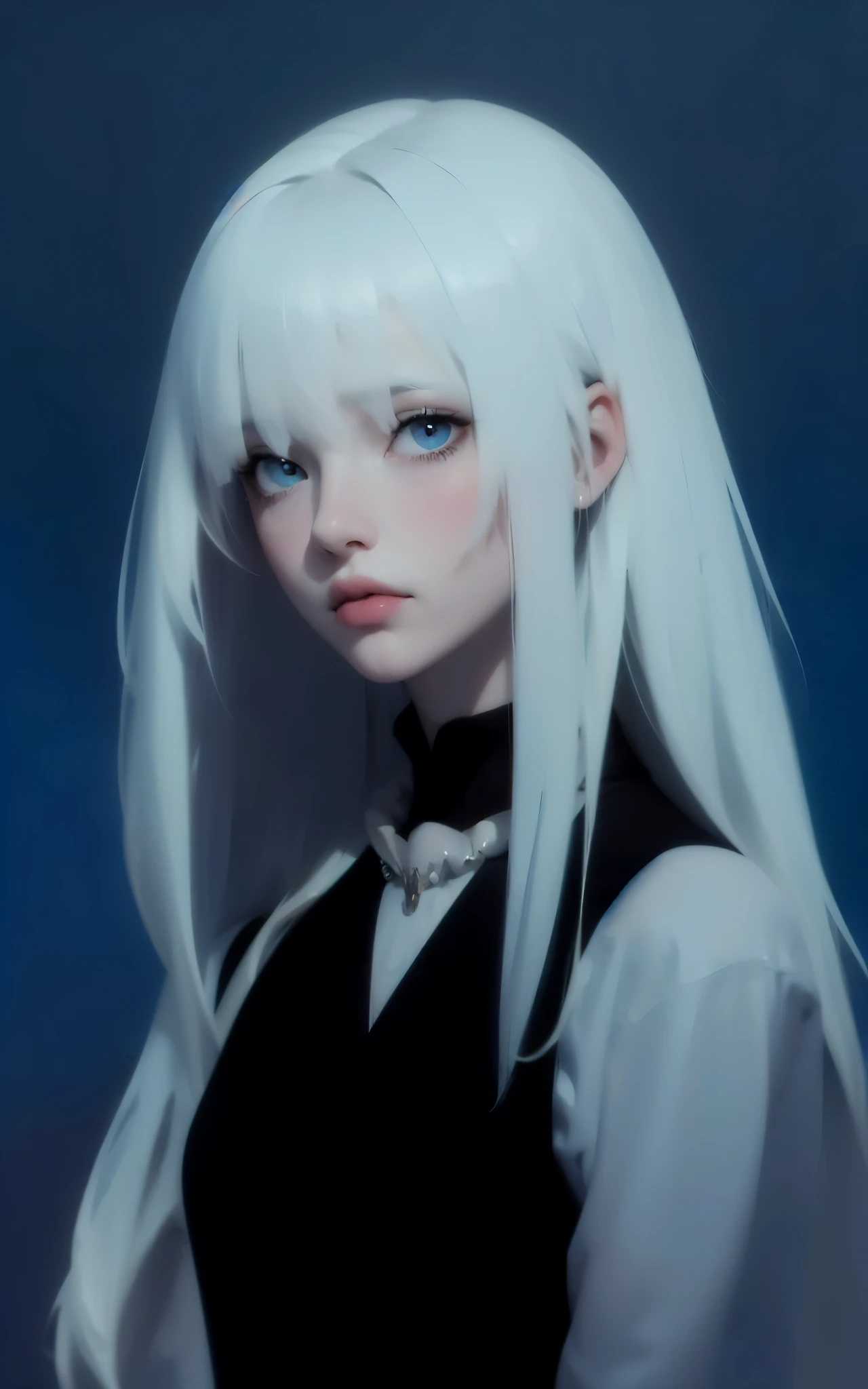 ((medieval)), young woman, loose unruly white hair, messy fringe, Black background,  medieval, beautiful, elegant, dark blue eyes, sad, ((white and dark blue), male, His, bright Eyes, white shirt with vest, messy fringe, broad, elegant, noble medieval, hyper detailed, thin strokes, very realistic drawing