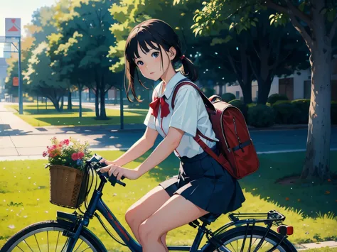 (masterpiece, highest quality:1.2), reality、(one girl riding a bicycle), alone、high school girl、uniform、(bag in the front basket...