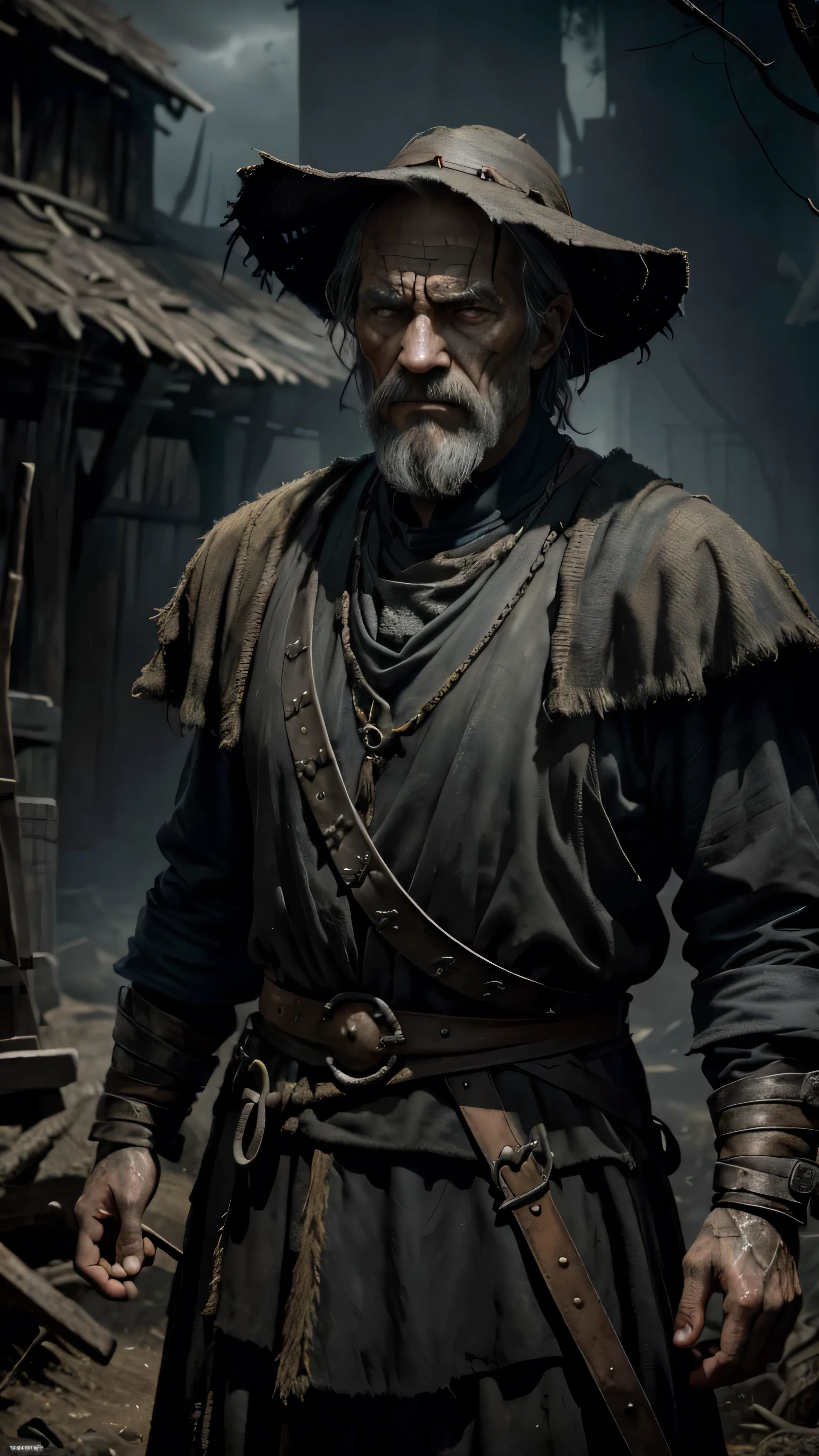 A mesmerizing, award-winning oil painting by Aleksi Briclot, Style-Crypt's Style, showcases an older male medieval peasant with a brooding, sinister demeanor. The scene is illuminated by backlighting, casting dramatic shadows and highlighting the intricate details of the subject's weathered face and worn clothing. The painting is executed with smooth strokes and sharp focus, following the rule of thirds for a captivating composition. The peasant's dark fantasy world is hinted at through intricate details in his attire, and his angry expression speaks volumes of his inner turmoil. The painting is presented in a medium shot, with a shallow depth of