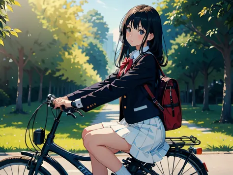 (masterpiece, highest quality:1.2), reality、(one girl riding a bicycle), alone、high school girl、uniform、(bag in the front basket...