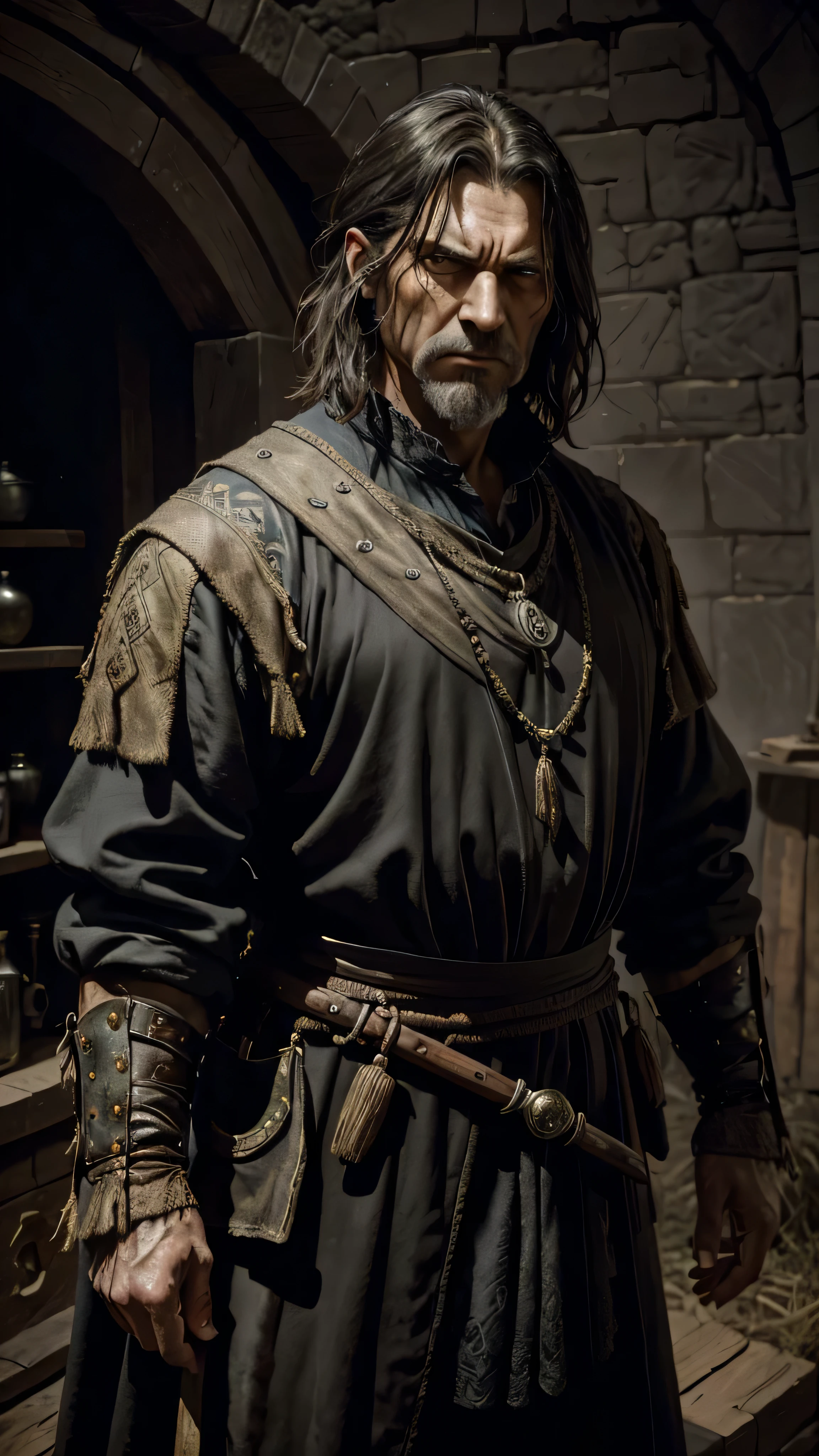 A mesmerizing, award-winning oil painting by Aleksi Briclot, Style-Crypt's Style, showcases an older male medieval peasant with a brooding, sinister demeanor. The scene is illuminated by backlighting, casting dramatic shadows and highlighting the intricate details of the subject's weathered face and worn clothing. The painting is executed with smooth strokes and sharp focus, following the rule of thirds for a captivating composition. The peasant's dark fantasy world is hinted at through intricate details in his attire, and his angry expression speaks volumes of his inner turmoil. The painting is presented in a medium shot, with a shallow depth of