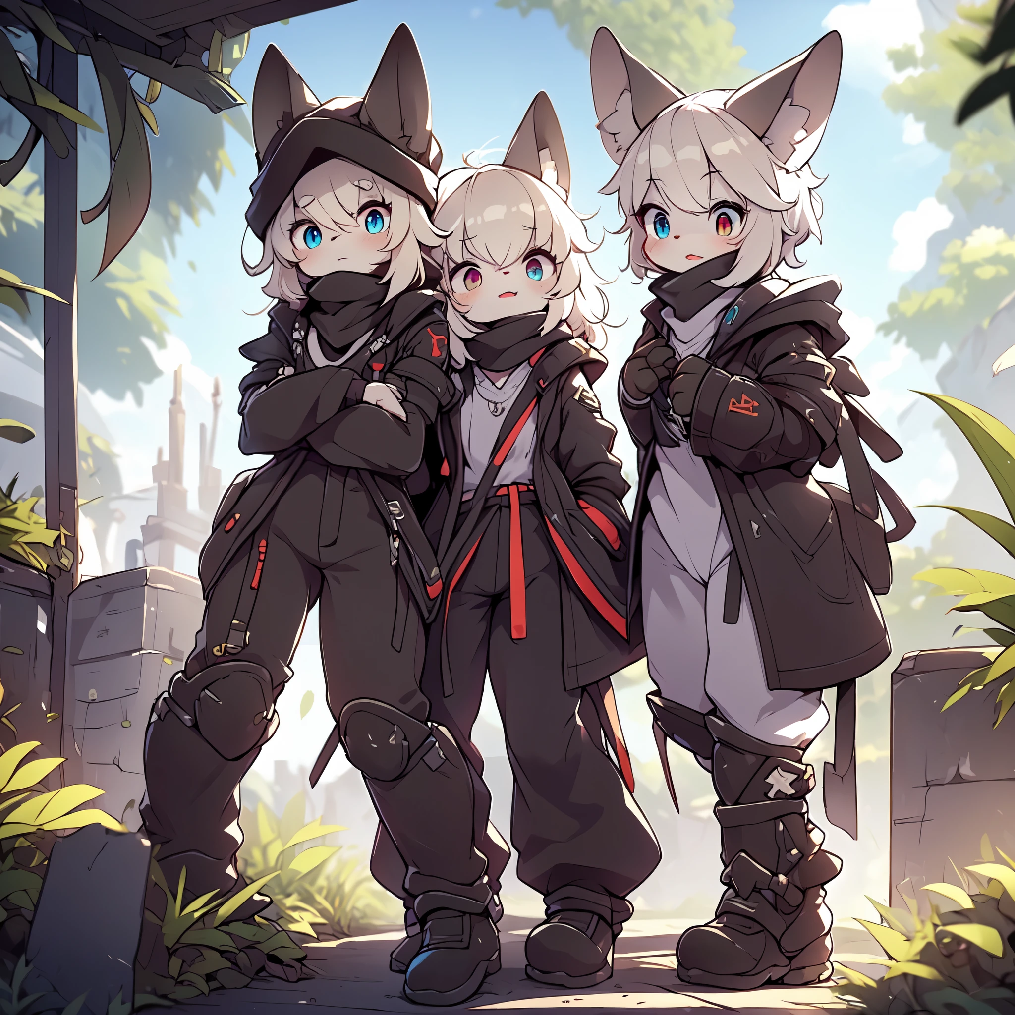 Kawaii, Striped Fluffy Fox, emaciated, long hair, 3girls, artificial synthetic skin, life support prosthetics, digital headphones, black tight latex bodysuit, white long dress, thigh-high-socks, shorts, loose off-the-shoulder hood open jacket, holsters in thigh, Mechanical boots, tactical knee pads, tactical belted loose Arm Sleeves, cybernetic Display gloves, chest rigs, tactical belts, blue archive halo, bulletproof goggles on forehead, from Ark nights, ray tracing, depth of field, bloom, masterpiece, ccurate, high details, highres