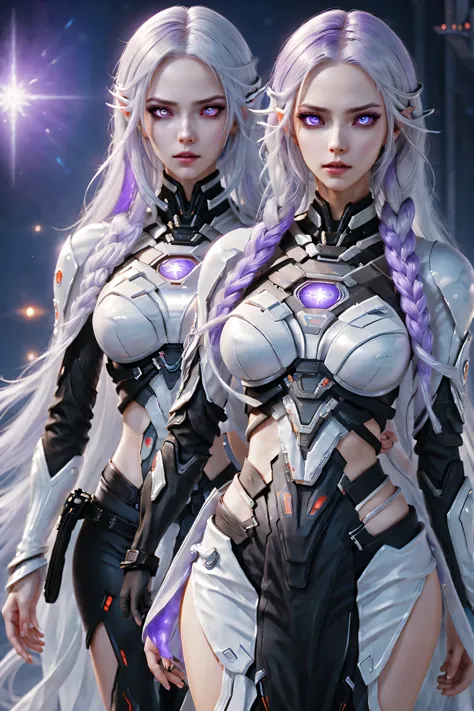 (Two cyborg girls standing back-to-back looking at the viewer), yinji, purple hair, purple eyes, long hair, white hair, double b...