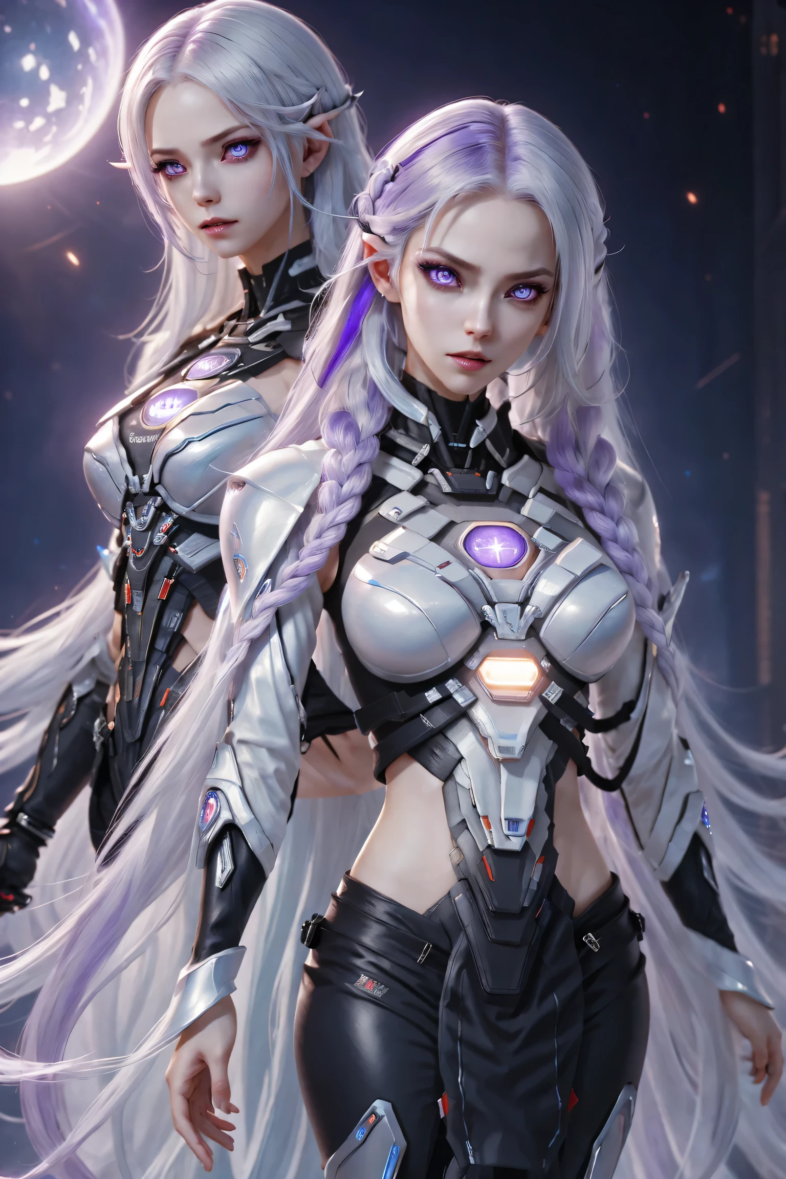 (Two cyborg girls standing back-to-back looking at the viewer), yinji, purple hair, purple eyes, long hair, white hair, double braids, gradient hair, highly detailed, intricate machinery, glossy metal skin, glowing blue lights, complex circuitry, futuristic technology, edge light, dramatic lighting, beautiful starry background, octane rendering, cool, personality, brave, realistic 3D render, cinematic composition, award winning digital art, best quality, masterpiece, illustrations, very exquisite and beautiful, very detailed, CG, unity, wallpaper, stunning, exquisite details