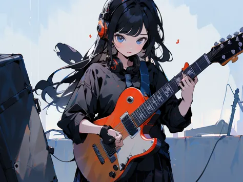 ((masterpiece,best quality)),1girl, solo, black skirt, blue eyes, electric guitar, guitar, headphones, holding, holding plectrum...