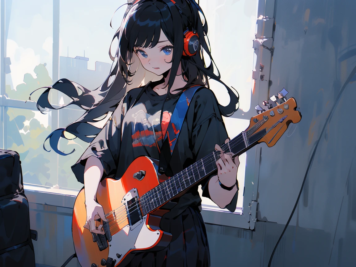 ((masterpiece,best quality)),1girl, solo, black skirt, blue eyes, electric guitar, guitar, headphones, holding, holding plectrum, instrument, long straight hair, , music, one side up, black hair, playing guiter, pleated skirt, black shirt, indoors ,(adult),bangs,(straight on:1.5)
