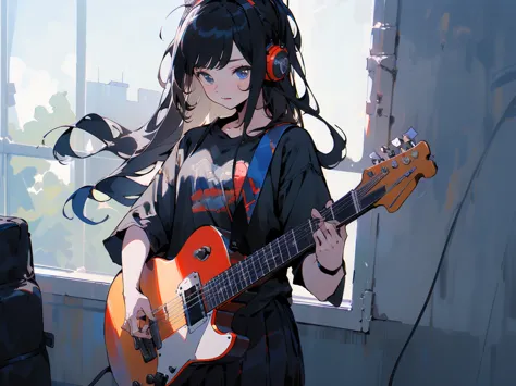 ((masterpiece,best quality)),1girl, solo, black skirt, blue eyes, electric guitar, guitar, headphones, holding, holding plectrum...