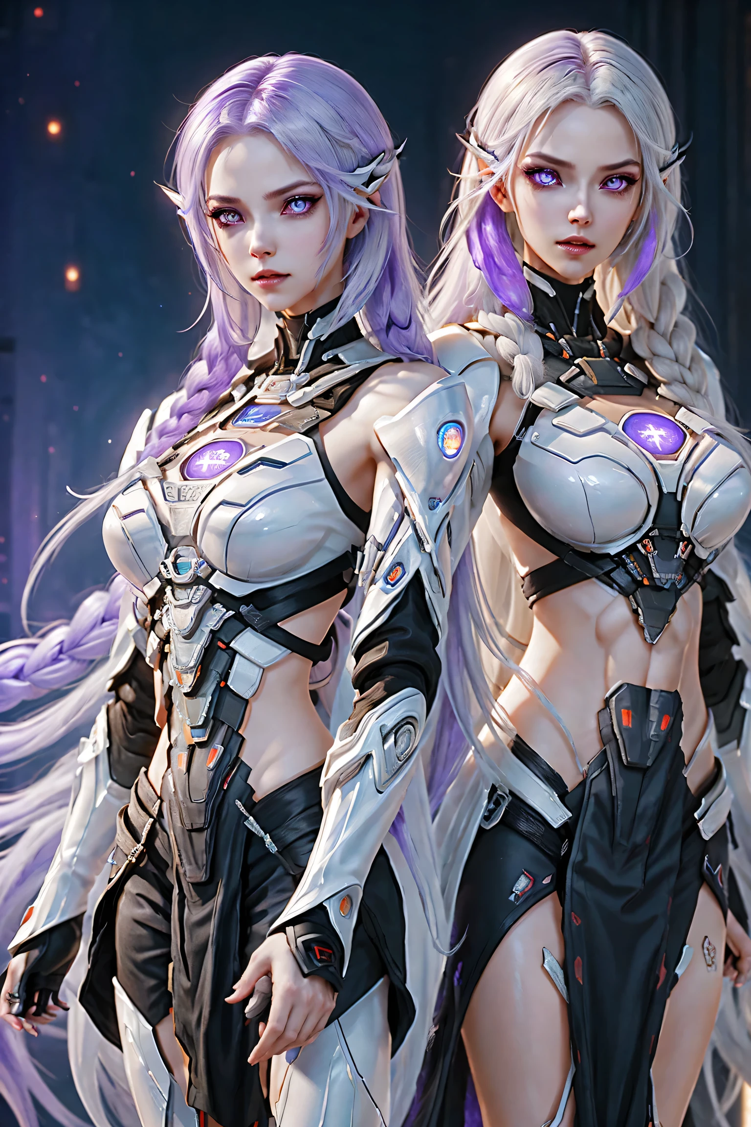 (Two cyborg girls standing back-to-back looking at the viewer), yinji, purple hair, purple eyes, long hair, white hair, double braids, gradient hair, highly detailed, intricate machinery, glossy metal skin, glowing blue lights, complex circuitry, futuristic technology, edge light, dramatic lighting, beautiful starry background, octane rendering, cool, personality, brave, realistic 3D render, cinematic composition, award winning digital art, best quality, masterpiece, illustrations, very exquisite and beautiful, very detailed, CG, unity, wallpaper, stunning, exquisite details