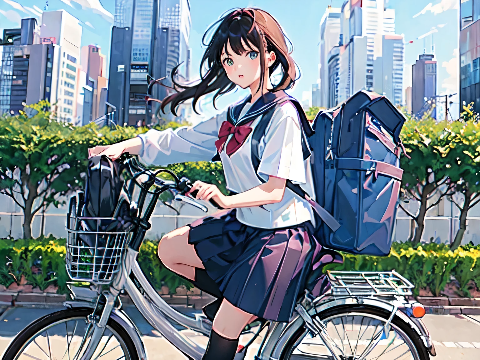 (Meisterwerk, höchste Qualität:1.2), Wirklichkeit、(Ein Mädchen auf einem Fahrrad), allein、High-School-Mädchen、Uniform、(keine Taschen)、(ganz)、(Von schräg vorne)、Leerer Hintergrund、weißer Hintergrund、