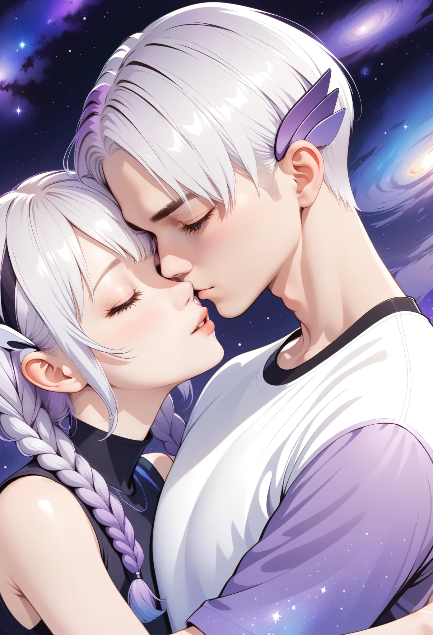 graphic design，Vector Art，Smooth lines，Minimalist style，Couple poster design：2 people hugging，kiss，Boys short hair，Hair accessories，White hair，Girl with purple long braids，Galaxy theme