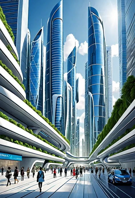 the image depicts a futuristic cityscape, characterized by towering skyscrapers with sleek, modern designs. the buildings are pr...