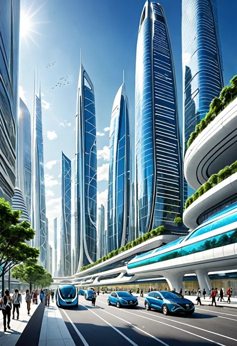 the image depicts a futuristic cityscape, characterized by towering skyscrapers with sleek, modern designs. the buildings are pr...