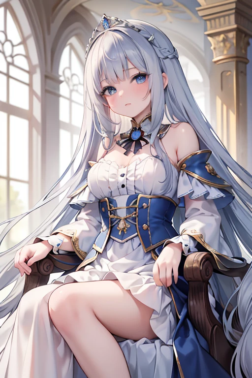 masterpiece, highest quality, Very detailed, 16k, Ultra-high resolution, Perfect Fingers, Detailed face, 15-year-old girl, blue eyes, Silver Hair, Long Hair, Troubled face, Crimson classic dress, Clothes with puffy shoulders, Super long skirt、Tiara on head、royal palace、Sitting on the throne