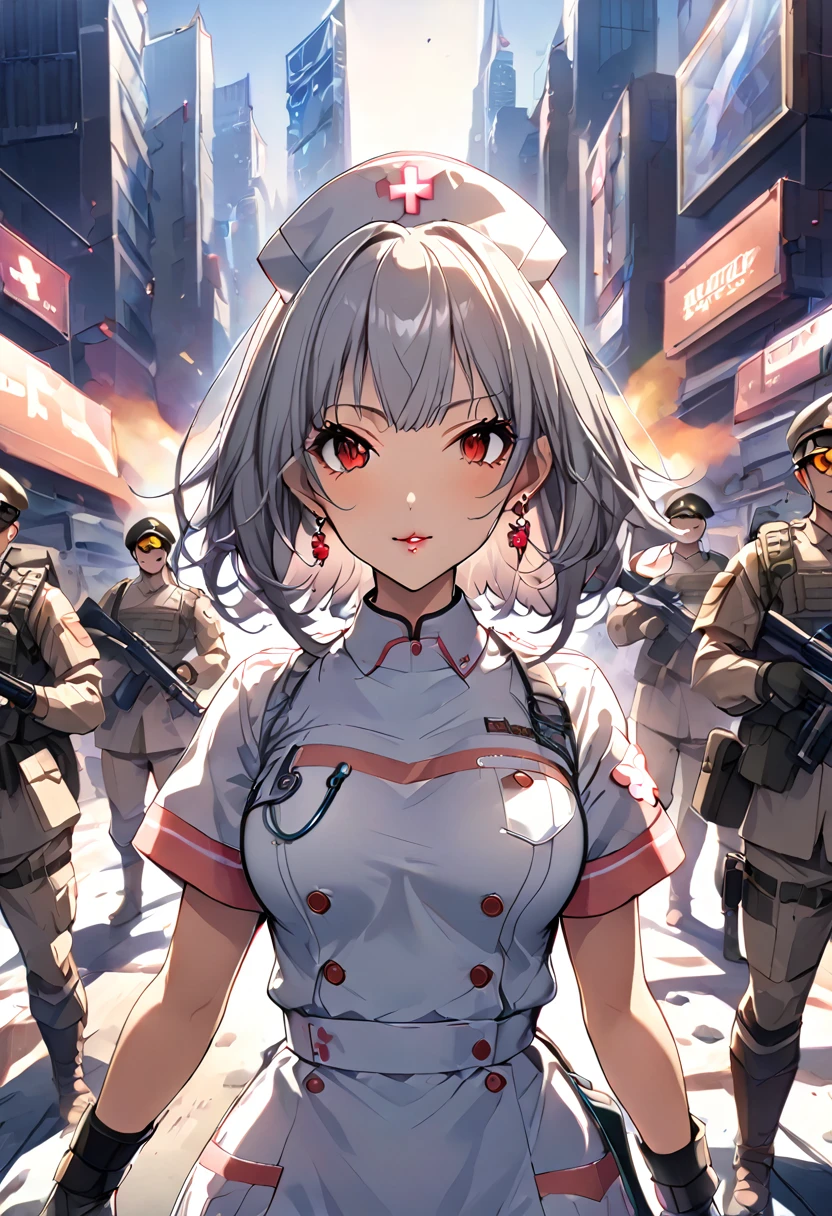 masterpiece、highest quality、Ultra-high resolution、Maximum resolution、Very detailed、Professional Lighting、anime、Adult female、thin、so beautiful、、Nurse uniform、Has a submachine gun、Red Eye、Silver Hair、Short Hair、Earrings、Fingerless Gloves、Beautiful eyes、Gloss Lip、Tactical Boots、Equipped with transparent orange shooting glasses、Equipped with a chest rig、Standing alone on the battlefield、Sanitary Corps
