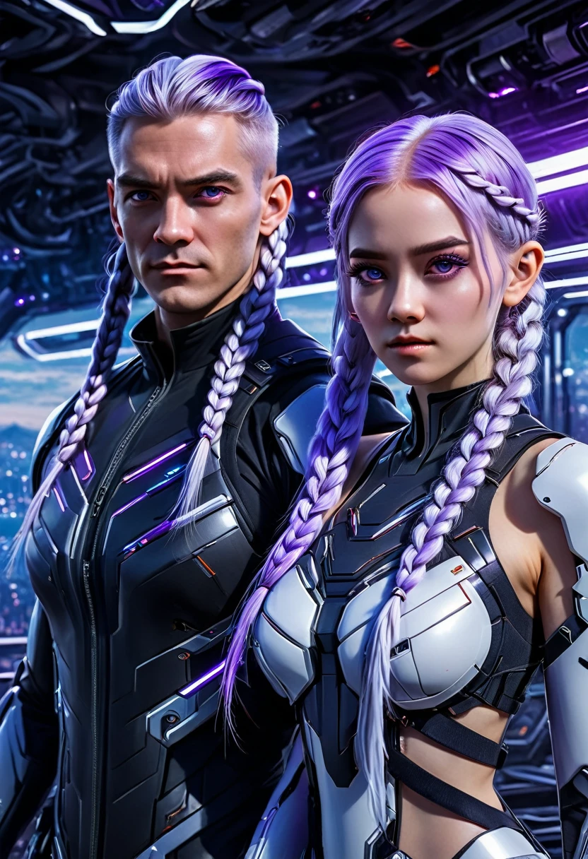 detailed portrait of two secret agent lovers, man and woman standing standing side by side looking at the viewer, yinji, purple hair, purple eyes, long hair, white hair, double braids, gradient hair, highly detailed, intricate machinery, glossy metal skin, glowing blue lights, complex circuitry, futuristic technology, edge light, dramatic lighting, beautiful starry background, octane rendering, cool, personality, brave, realistic 3D render, cinematic composition, award winning digital art, best quality, masterpiece, illustrations, very exquisite and beautiful, very detailed, CG, unity, wallpaper, stunning, exquisite details