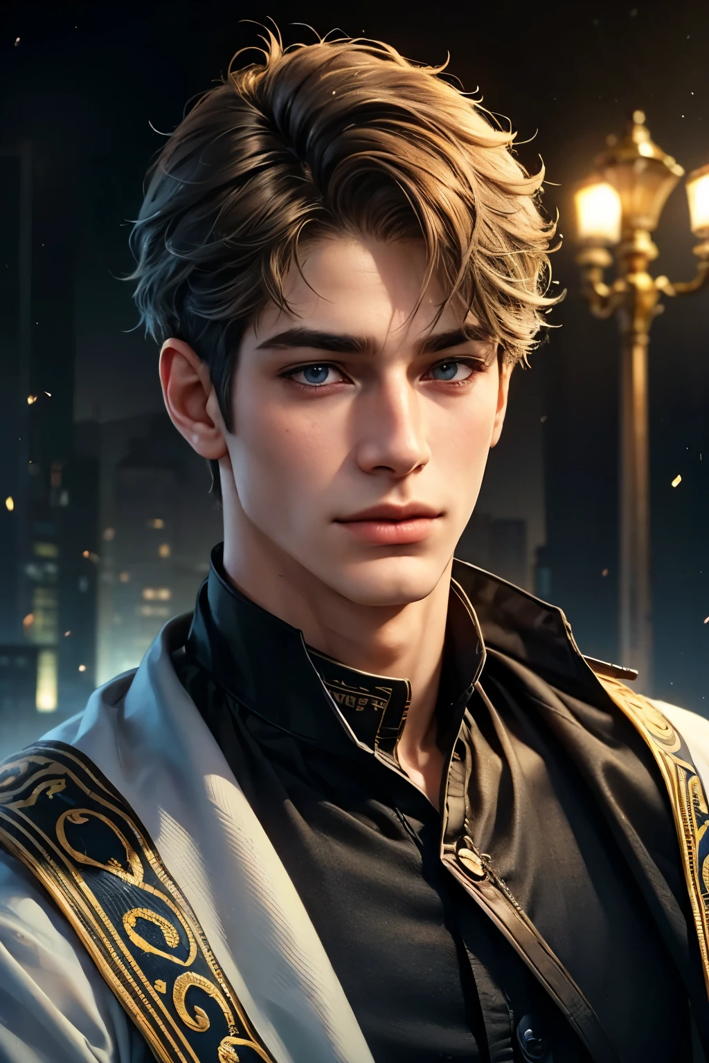 high quality, 8k, Ultra detailed, hdr, human only, studio light, Masterpiece, Handsome face, upper body, Focus on your audience, young man, light-brown hair, azure big beautiful grey eyes, closed mouth, messy hair, detailed and correct facial structure, pomade hair style