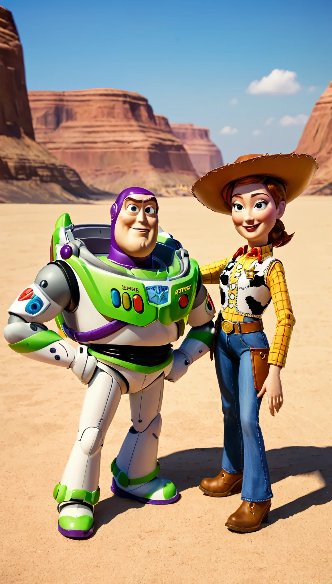 Couple Photo, fullbody, full body,A group photo of Woody and (Buzz Lightyear), capturing high-definition details, realistic color expression, delicate transitions of light and shadow effects, sharp and clear focus areas, natural and realistic environmental lighting, prominent texture of different materials, and distinct depth of field effects, ultimately presenting a realistic photo style painting, (masterpiece, best quality:1.2),8K, extremly detailed