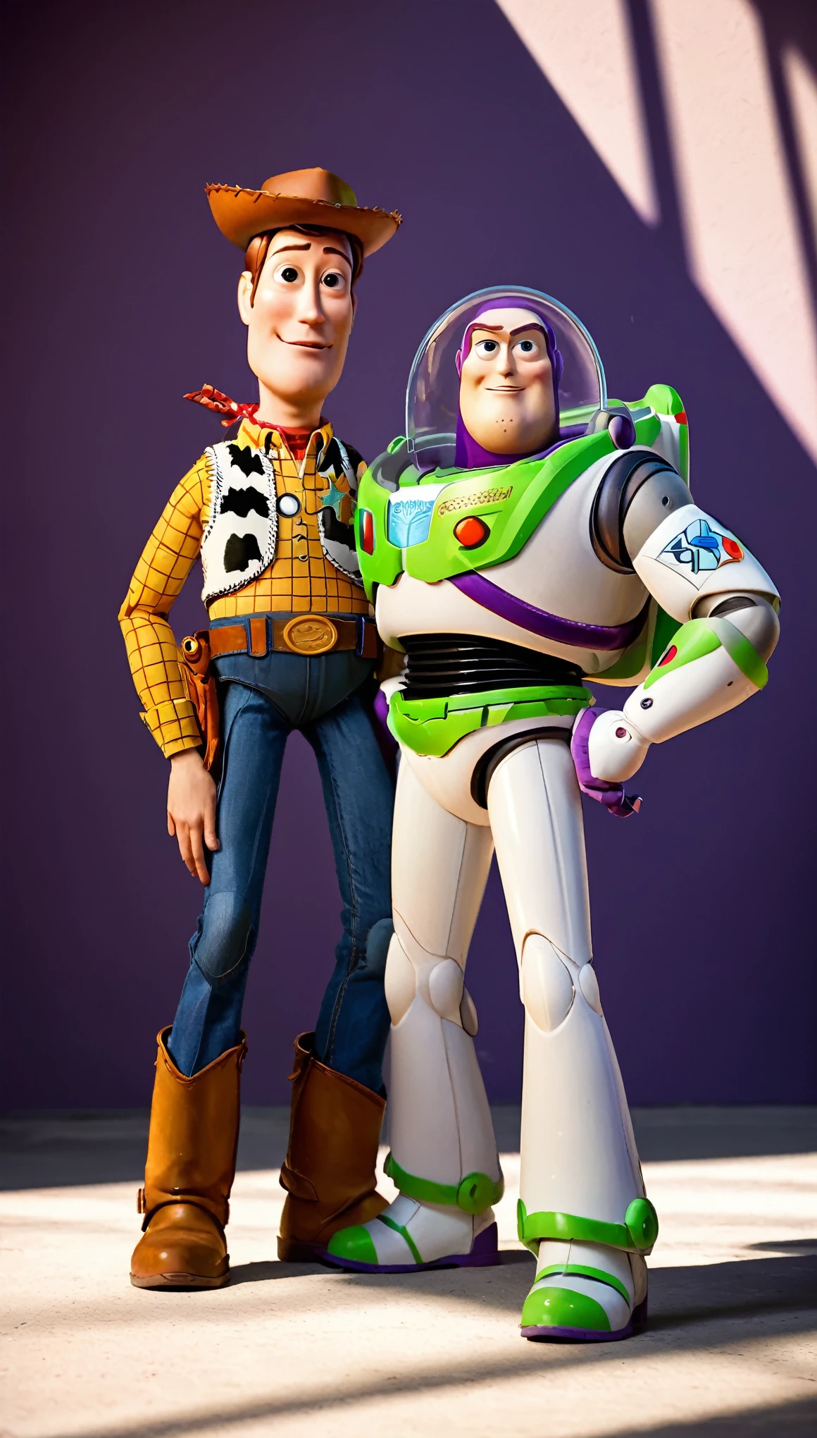 Couple Photo, fullbody, full body,A group photo of Woody and (Buzz Lightyear), capturing high-definition details, realistic color expression, delicate transitions of light and shadow effects, sharp and clear focus areas, natural and realistic environmental lighting, prominent texture of different materials, and distinct depth of field effects, ultimately presenting a realistic photo style painting, (masterpiece, best quality:1.2),8K, extremly detailed