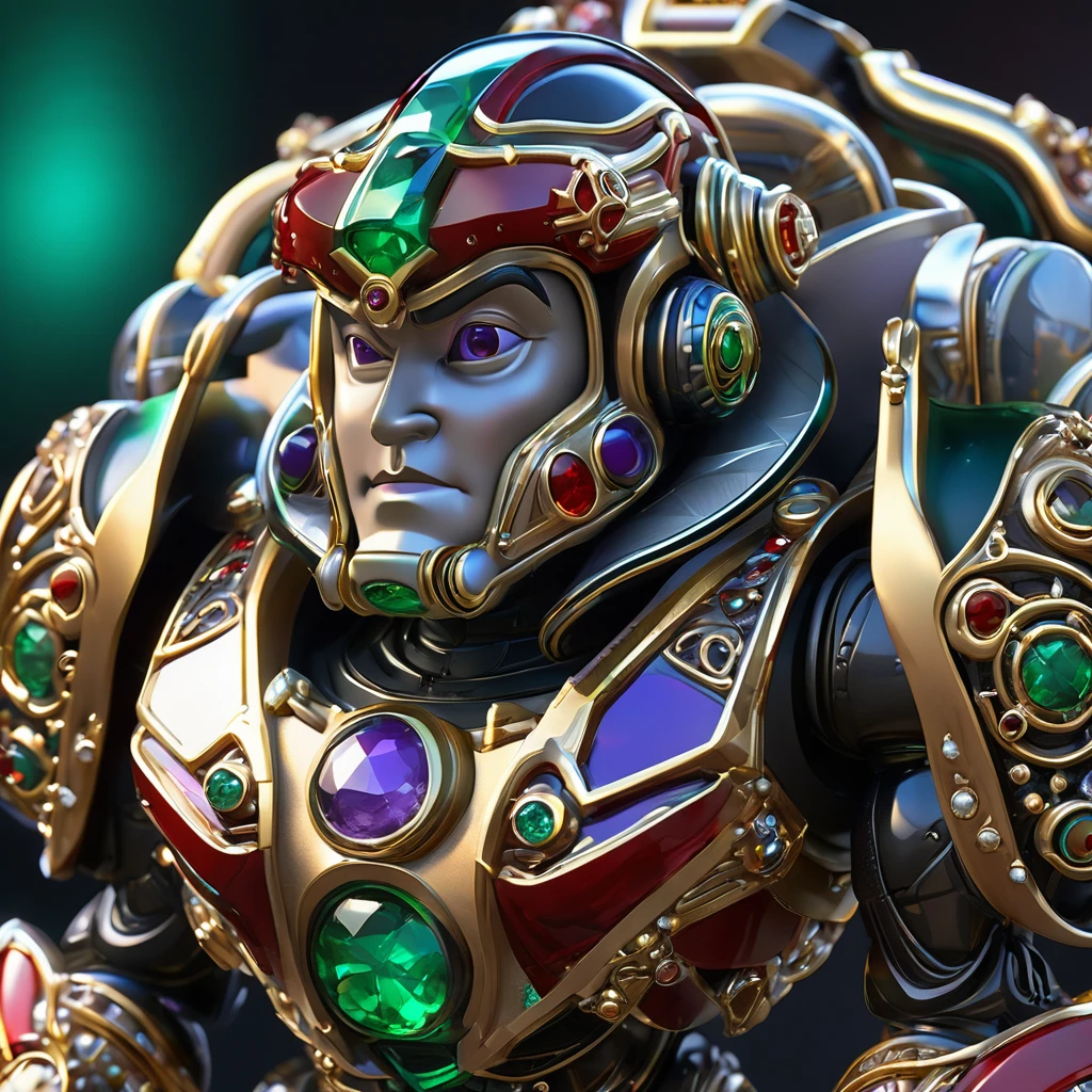 Netsuke Buzz Lightyear collectible, meticulously crafted by master jewelry artisans for auction, platinum and scarlet gold materials, embellished with emerald, Murano glass, and diamonds, neon ambiance, abstract black oil accents, gear mecha motifs, with a grunge aesthetic and intricate complexity, rendered in Unreal Engine, photorealistic, detailed acrylic. High Resolution, High Quality, Masterpiece