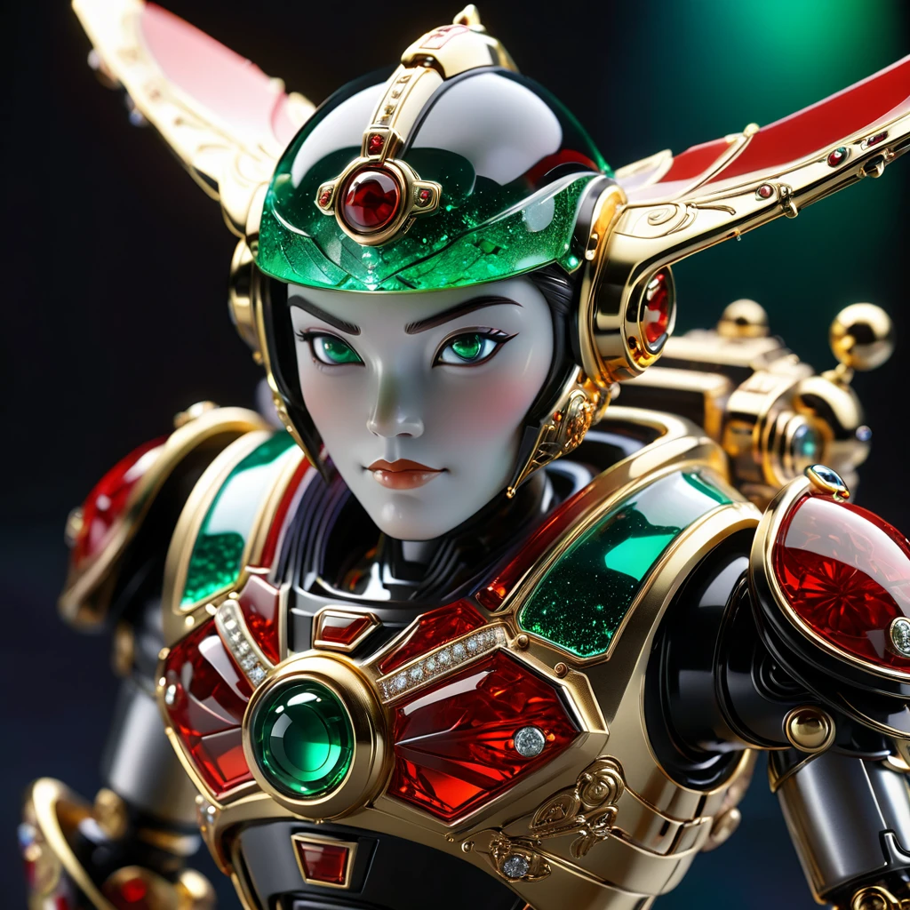 Netsuke Buzz Lightyear collectible, meticulously crafted by master jewelry artisans for auction, platinum and scarlet gold materials, embellished with emerald, Murano glass, and diamonds, neon ambiance, abstract black oil accents, gear mecha motifs, with a grunge aesthetic and intricate complexity, rendered in Unreal Engine, photorealistic, detailed acrylic. High Resolution, High Quality, Masterpiece
