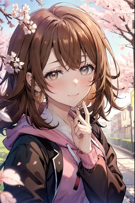 irohaisshiki, iroha isshiki, long hair, brown hair, (brown eyes:1.5), happy smile, smile, open your mouth,put your hand over you...