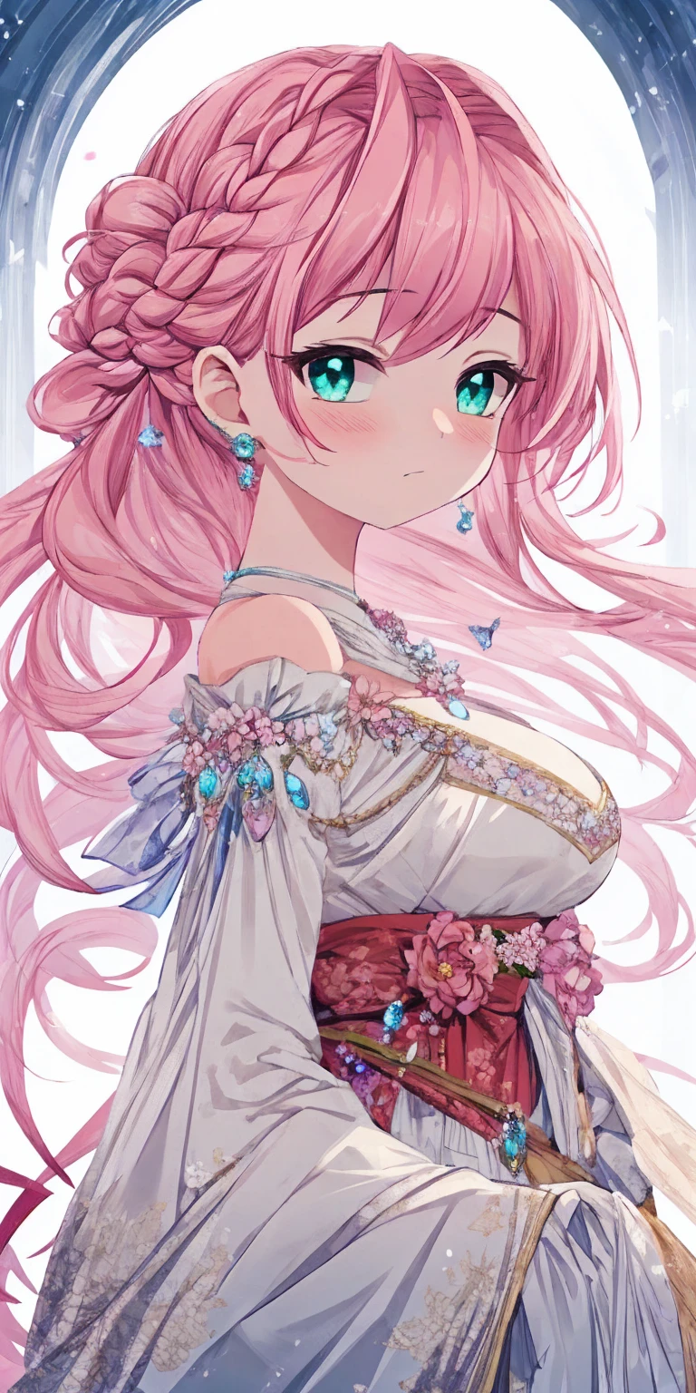 tmasterpiece，Highest high resolution，Beautiful bust of a royal lady，Delicate pink braided hair，Green clear eyes，The hair is covered with beautiful and delicate floral craftsmanship, Crystal jewelry filigree，Ultra-detailed details，upscaled。Soft lighting
