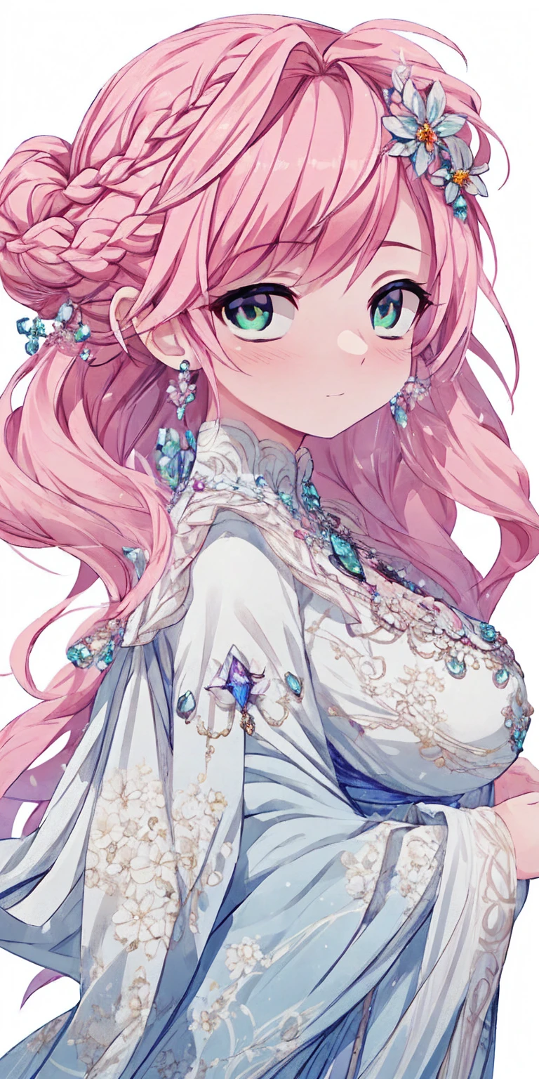 tmasterpiece，Highest high resolution，Beautiful bust of a royal lady，Delicate pink braided hair，Green clear eyes，The hair is covered with beautiful and delicate floral craftsmanship, Crystal jewelry filigree，Ultra-detailed details，upscaled。Soft lighting
