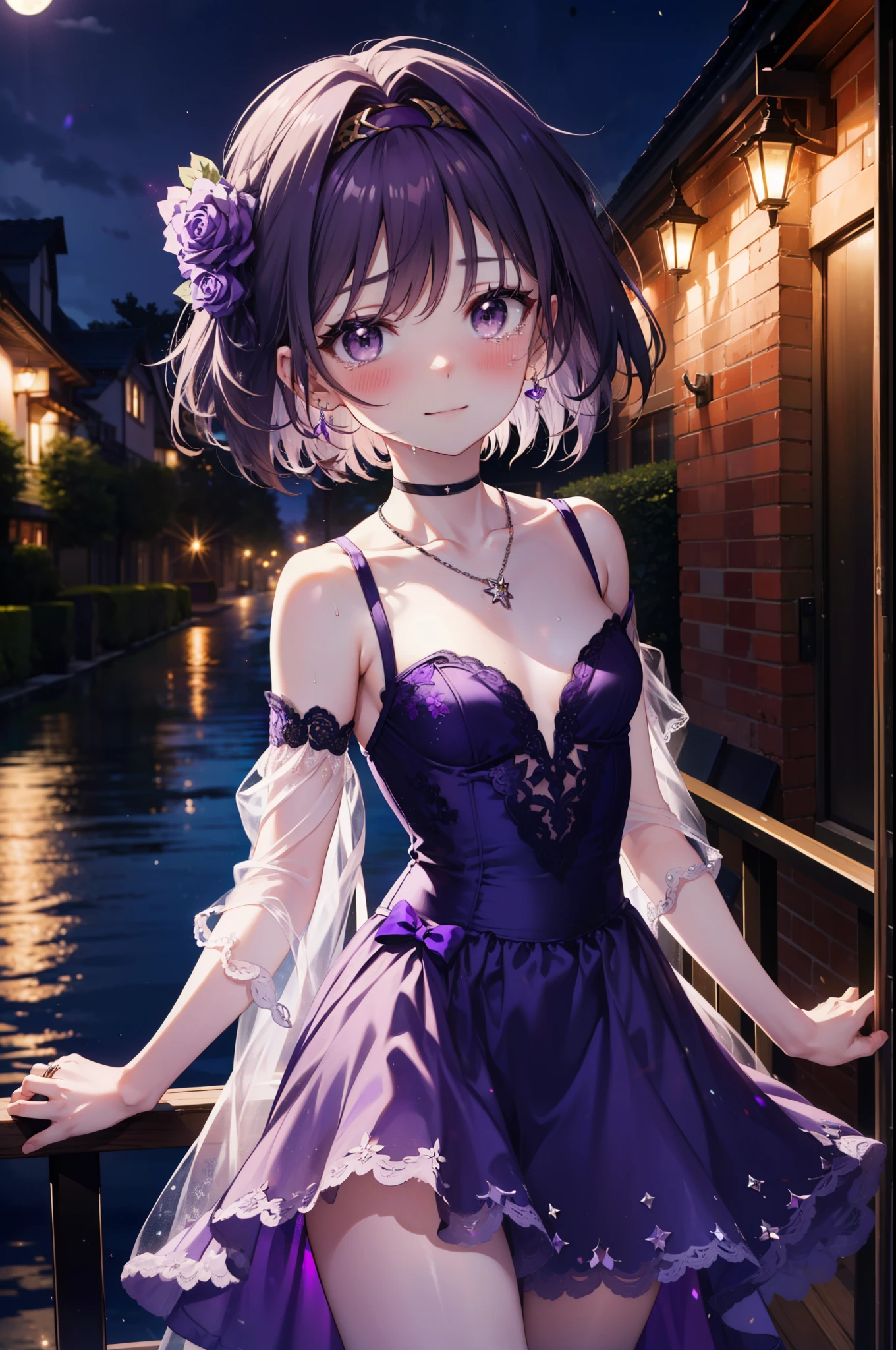 Yuukikonno, Yuki Konno,cheveux noirs,Cheveux courts,cheveux bob ,bandeau vert,(yeux violets:1.5), (Petits seins:1.2), sourire,robe violette,jupe longue violette,talons aiguilles violets,pas de manche,Exposez vos épaules,Bras nus,Cou nu,clavicule nue,Il porte une alliance à la main gauche., a été présenté devant lui,Collier Coeur,Les larmes coulent sur son visage,Larmes de joie,je pleure beaucoup,Vue de nuit romantique,Clair de lune,
casser outdoors, colline,
casser looking at viewer, (tir de cow-boy:1.5),
casser (chef-d&#39;œuvre:1.2), la plus haute qualité, haute résolution, unité 8k fond d&#39;écran, (forme:0.8), (beaux détails:1.6), Visage très détaillé, éclairage parfait, CG très détaillé, (des mains parfaites, Anatomie parfaite),