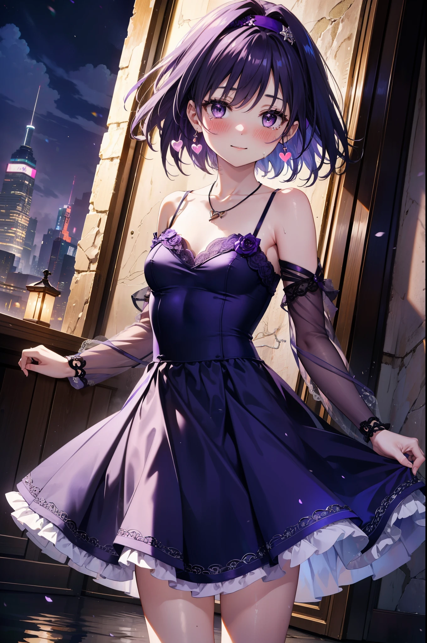 Yuukikonno, Yuki Konno,cheveux noirs,Cheveux courts,cheveux bob ,bandeau vert,(yeux violets:1.5), (Petits seins:1.2), sourire,robe violette,jupe longue violette,talons aiguilles violets,pas de manche,Exposez vos épaules,Bras nus,Cou nu,clavicule nue,Il porte une alliance à la main gauche., a été présenté devant lui,Collier Coeur,Les larmes coulent sur son visage,Larmes de joie,je pleure beaucoup,Vue de nuit romantique,Clair de lune,
casser outdoors, colline,
casser looking at viewer, (tir de cow-boy:1.5),
casser (chef-d&#39;œuvre:1.2), la plus haute qualité, haute résolution, unité 8k fond d&#39;écran, (forme:0.8), (beaux détails:1.6), Visage très détaillé, éclairage parfait, CG très détaillé, (des mains parfaites, Anatomie parfaite),