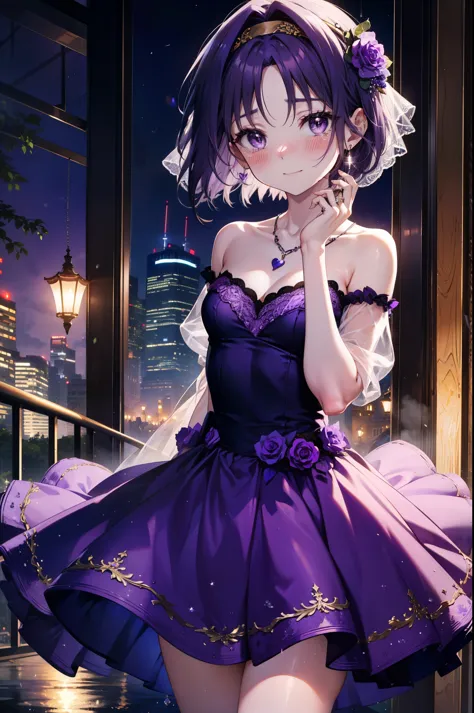 yuukikonno, yuki konno,black hair,short hair,bob hair ,green headband,(purple eyes:1.5), (small breasts:1.2), smile,purple dress...