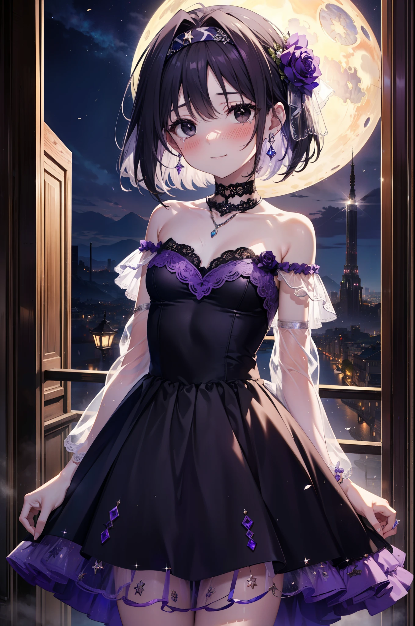 yuukikonno, Yuki Konno,Black Hair,short hair,Bob Hair ,Green headband,(Black eyes:1.5), (Small breasts:1.2), smile,Purple Dress,Purple long skirt,purple stiletto heels,No sleeve,Expose your shoulders,Bare arms,Bare neck,bare clavicle,Wearing a wedding ring on the left hand,Heart Necklace,Tears stream down her face,Tears of joy,I cry a lot,Romantic night view,moonlight,
break outdoors, hill,
break looking at viewer, (Cowboy Shot:1.5),
break (masterpiece:1.2), highest quality, High resolution, unity 8k wallpaper, (shape:0.8), (Beautiful details:1.6), Highly detailed face, Perfect lighting, Highly detailed CG, (Perfect hands, Perfect Anatomy),