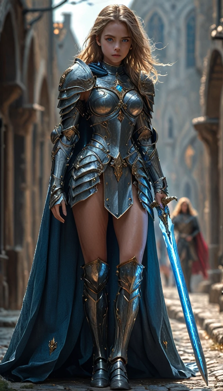 amazing quality, masterpiece, best quality, hyper detailed, ultra detailed, UHD, girl, perfect anatomy, perfect body, glowing blow eyes, model, stylish pose, wearing full body fantastic armor with cape, holding crystal sword, walking, medieval road, (random color:1.4),
extremely detailed,