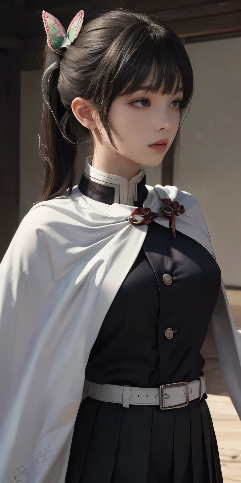 (RAW Photos, highest quality), (Realistic, Photorealistic Truth: 1.3), highest quality, Very detailed, masterpiece, Ultra-detailed, figure, One girl, kanao tsuyuri, ((Bangs Patsun,Side ponytail)),(( Demon Slayer uniform:1.4)), Butterfly Hair Ornament,( white belt), ( White Cape),, (Black jacket), (Pleated skirt), belt, (Black Skirt), knees, buckle, belt buckle, upper_body, Dynamic Angle, World Mastery Theatre, long hair flying, Fluorescent Centred, highest quality, Highly detailed CG integrated 8K wallpaper, ink, wonderful, Cinema Lighting, lens_Flare, wuxia_style,(((Straight Bangs:1.4))),(blunt bangs:1.4), Natural makeup,Combat Ready, Giant tit，Various poses,A broad perspective,