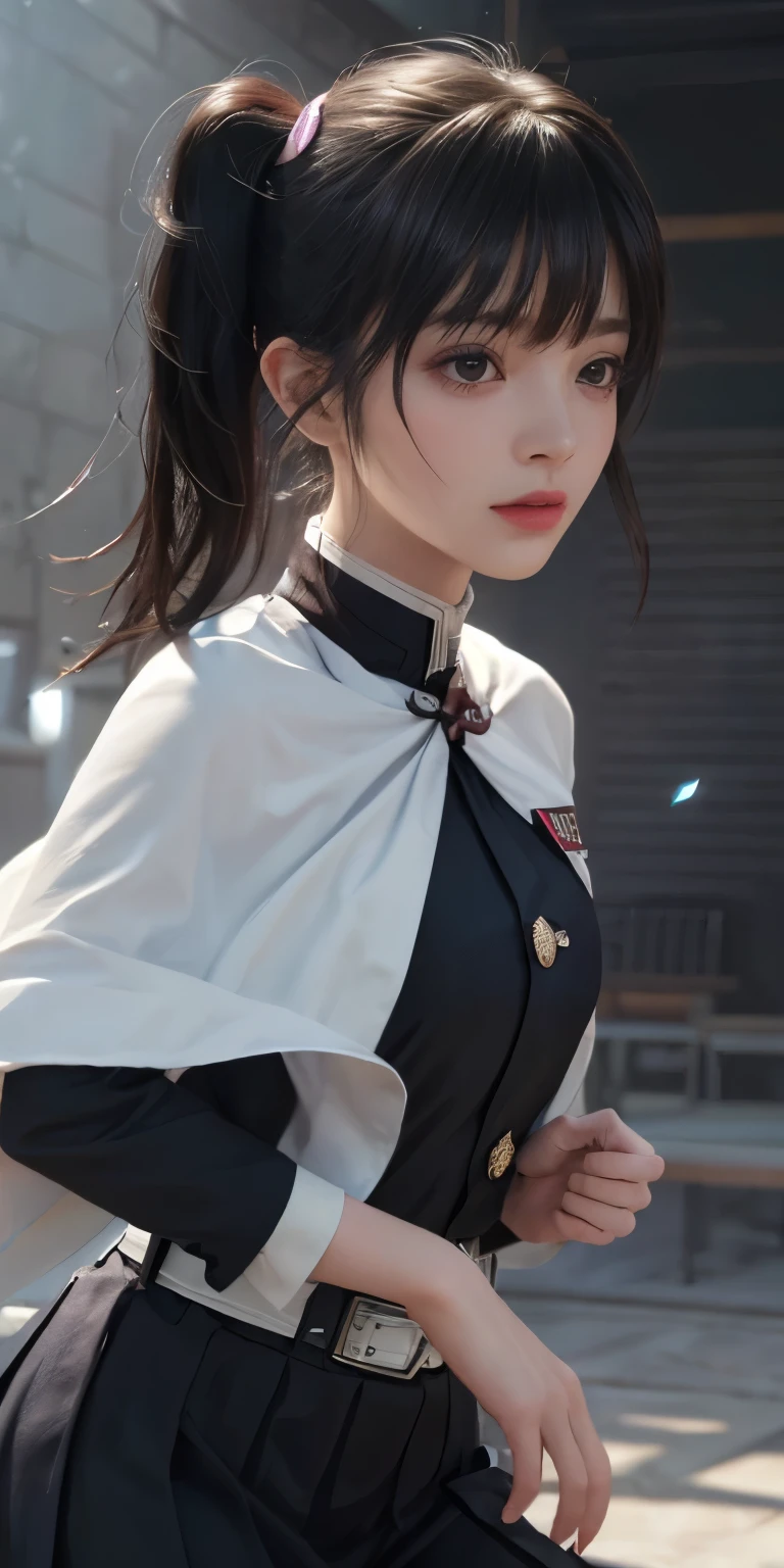 (RAW Photos, highest quality), (Realistic, Photorealistic Truth: 1.3), highest quality, Very detailed, masterpiece, Ultra-detailed, figure, One girl, kanao tsuyuri, ((Bangs Patsun,Side ponytail)),(( Demon Slayer uniform:1.4)), Butterfly Hair Ornament,( white belt), ( White Cape),, (Black jacket), (Pleated skirt), belt, (Black Skirt), knees, buckle, belt buckle, upper_body, Dynamic Angle, World Mastery Theatre, long hair flying, Fluorescent Centred, highest quality, Highly detailed CG integrated 8K wallpaper, ink, wonderful, Cinema Lighting, lens_Flare, wuxia_style,(((Straight Bangs:1.4))),(blunt bangs:1.4), Natural makeup,Combat Ready, Giant tit，Various poses,A broad perspective,