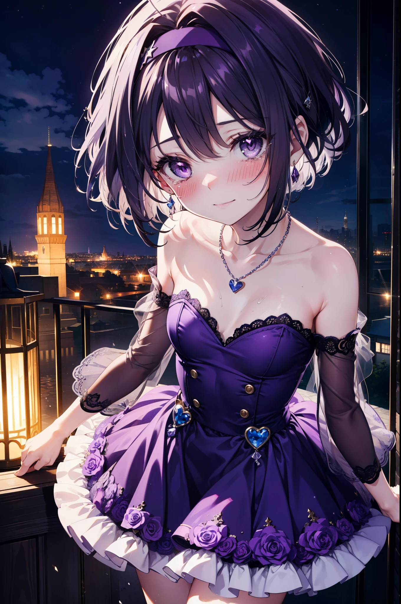 Yuukikonno, Yuki Konno,cheveux noirs,Cheveux courts,cheveux bob ,bandeau vert,(yeux violets:1.5), (Petits seins:1.2), sourire,robe violette,jupe longue violette,talons aiguilles violets,pas de manche,Exposez vos épaules,Bras nus,Cou nu,clavicule nue,Porter une alliance à la main gauche,Collier Coeur,Les larmes coulent sur son visage,Larmes de joie,je pleure beaucoup,Vue de nuit romantique,Clair de lune,
casser outdoors, colline,
casser looking at viewer, (tir de cow-boy:1.5),
casser (chef-d&#39;œuvre:1.2), la plus haute qualité, haute résolution, unité 8k fond d&#39;écran, (forme:0.8), (beaux détails:1.6), Visage très détaillé, éclairage parfait, CG très détaillé, (des mains parfaites, Anatomie parfaite),